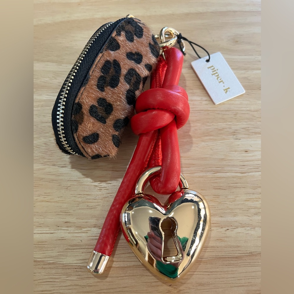 SOLD ——NWT Piper K Red and Leopard Print Keychain with Gold Heart